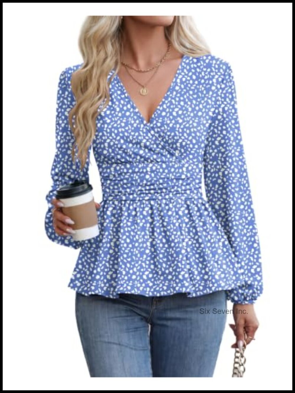 Women's Peplum Blouse Wrap V-Neck Long Sleeve Ruched Waist Top